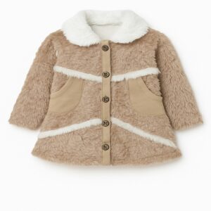 Baby Girls Faux Fur Winter Coat Beige with White Sherpa Collar shamagarments.pk
