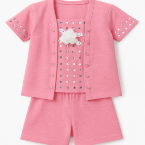 Pink Girls Co-Ord Set with Flower & Mirror Embellishment