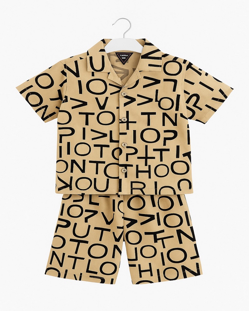 Kids Printed Summer Co-Ord Set Beige & Black Shamagarments.pk