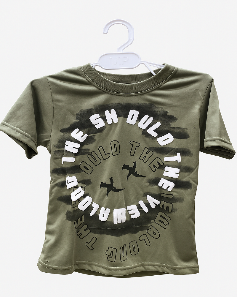 Olive Green Boys Printed T-Shirt – Casual Round Neck Summer Wear