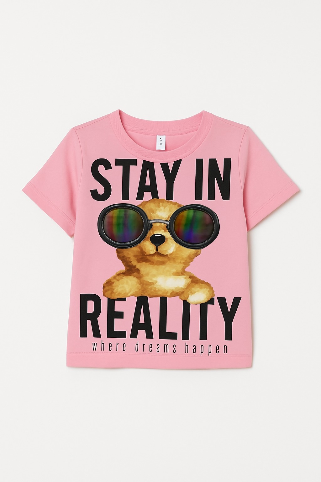 Pink Baby T-Shirt with Cute Bear & Stay in Reality Print Shamagarments.pk