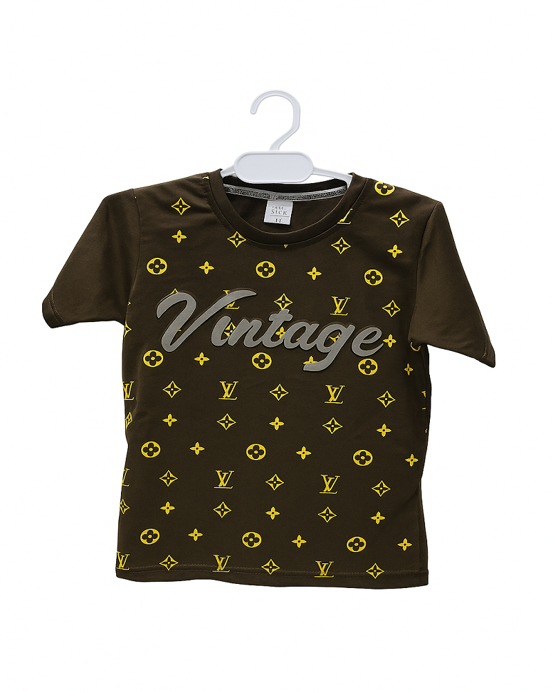 Vintage Brown Printed T-Shirt – Stylish Designer Kids Wear