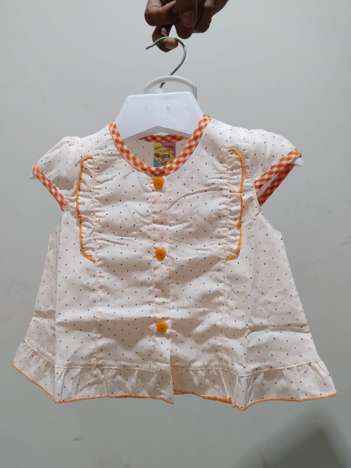 Baby Girls Polka Dot Summer Top – Sleeveless Cotton Shirt with Orange Trim